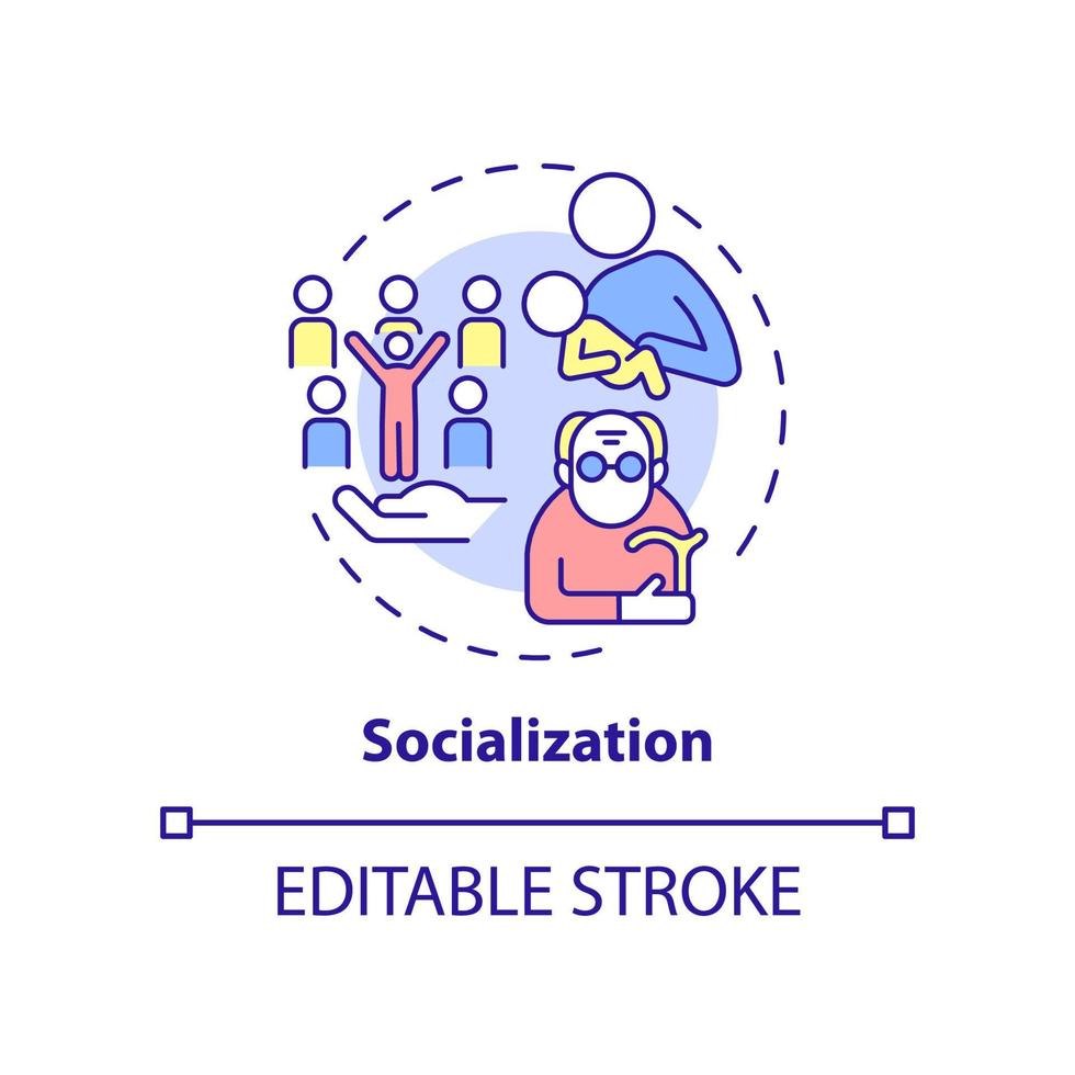 Socialization concept icon. Social norms and rules. Social institutions function abstract idea thin line illustration. Isolated outline drawing. Editable stroke. vector