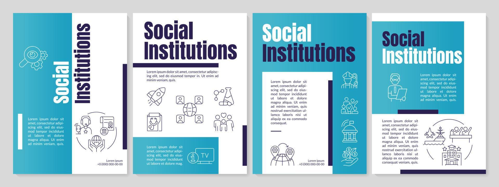 Social institutions blue brochure template. Set of rules and norms. Leaflet design with linear icons. 4 vector layouts for presentation, annual reports
