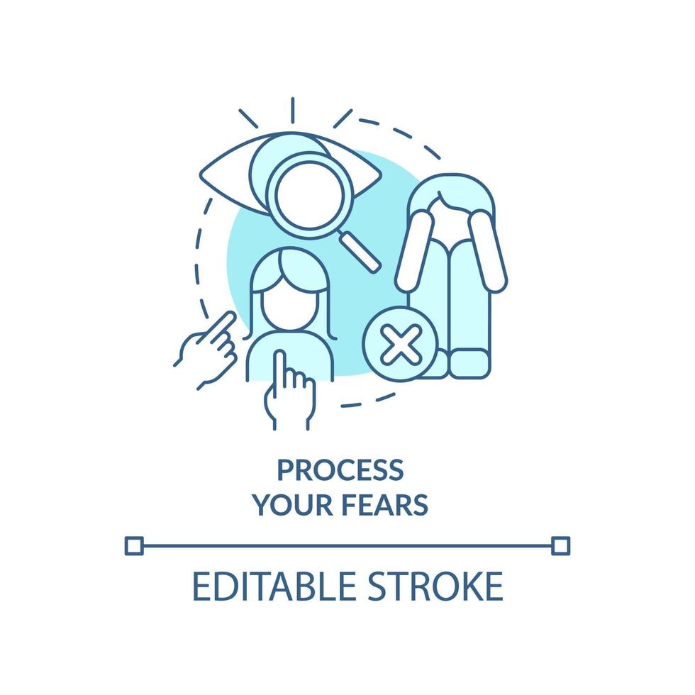 Process your fears turquoise concept icon. Self-care strategy abstract idea thin line illustration. Overcome phobias. Isolated outline drawing. Editable stroke vector