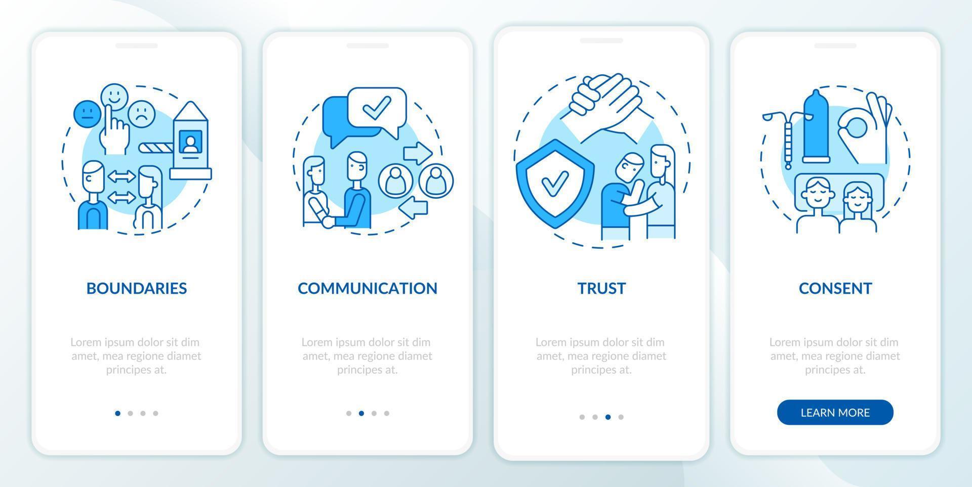 Healthy relationships characteristics blue onboarding mobile app screen. Walkthrough 4 steps graphic instructions pages with linear concepts. UI, UX, GUI template vector