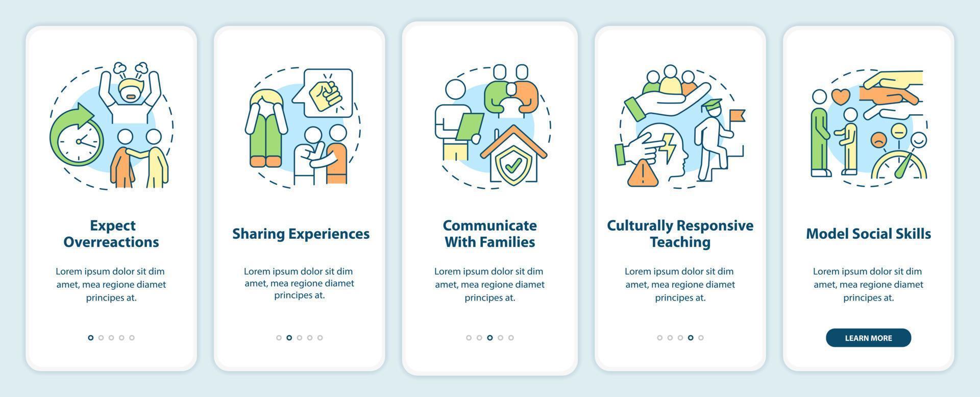 Trauma informed teaching onboarding mobile app screen. Education trends walkthrough 5 steps graphic instructions pages with linear concepts. UI, UX, GUI template. vector