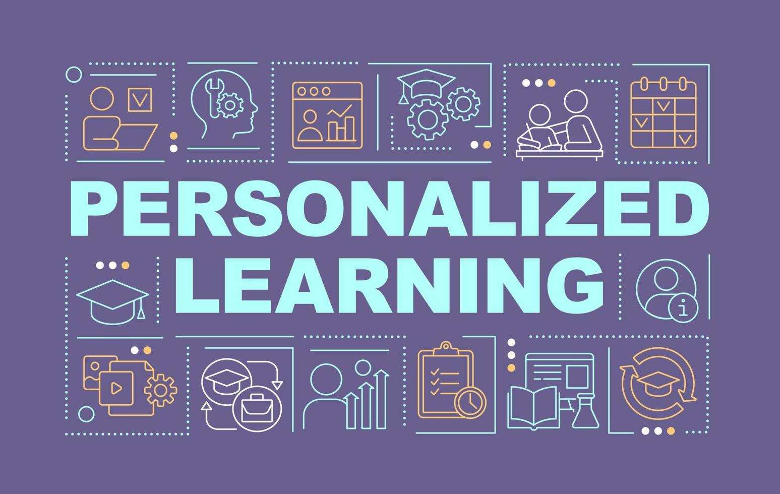 Personalized learning word concepts dark purple banner. Individual program. Infographics with icons on color background. Isolated typography. Vector illustration with text.