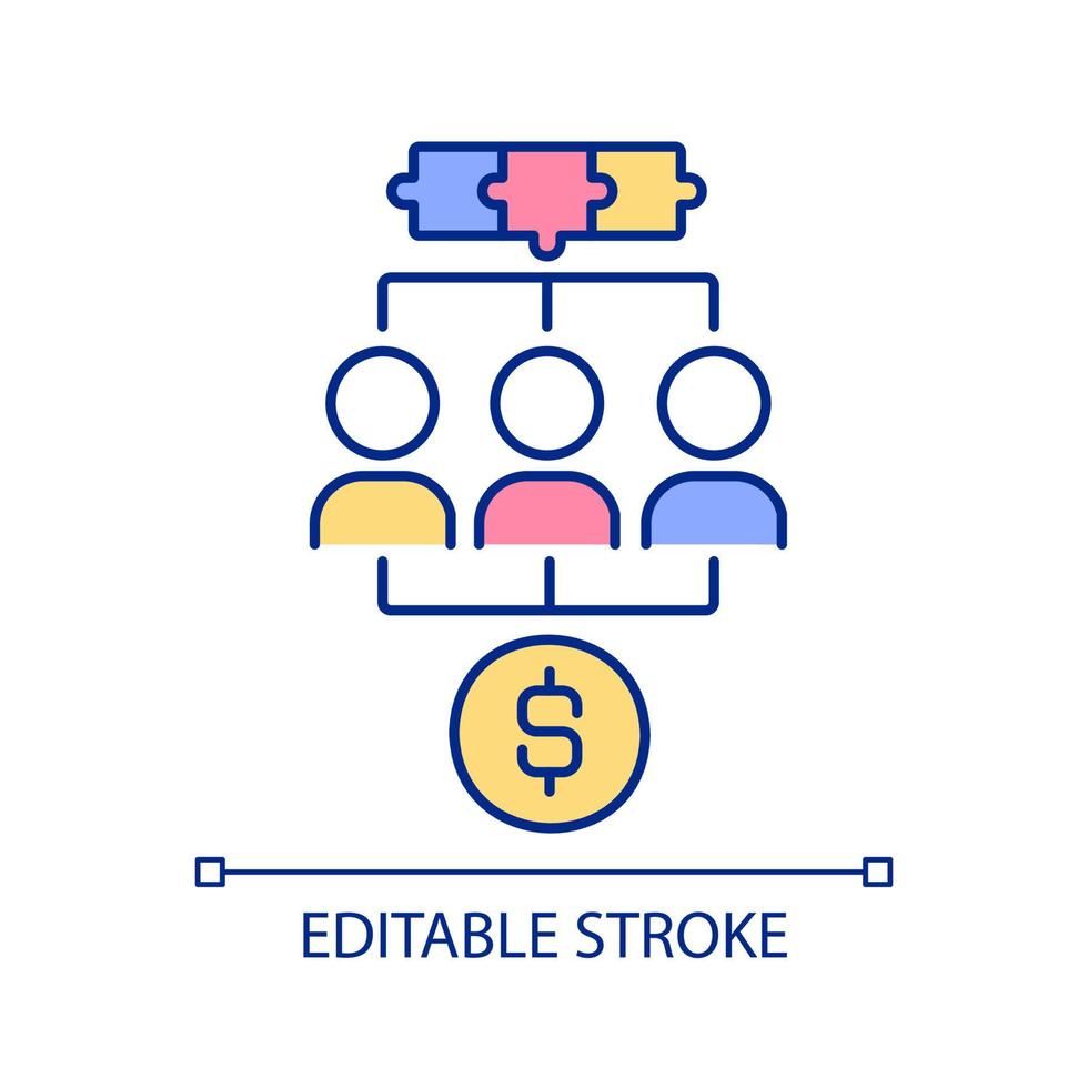 Making money from cooperative RGB color icon. Group members contribution. Share profit between shareholders. Isolated vector illustration. Simple filled line drawing. Editable stroke.