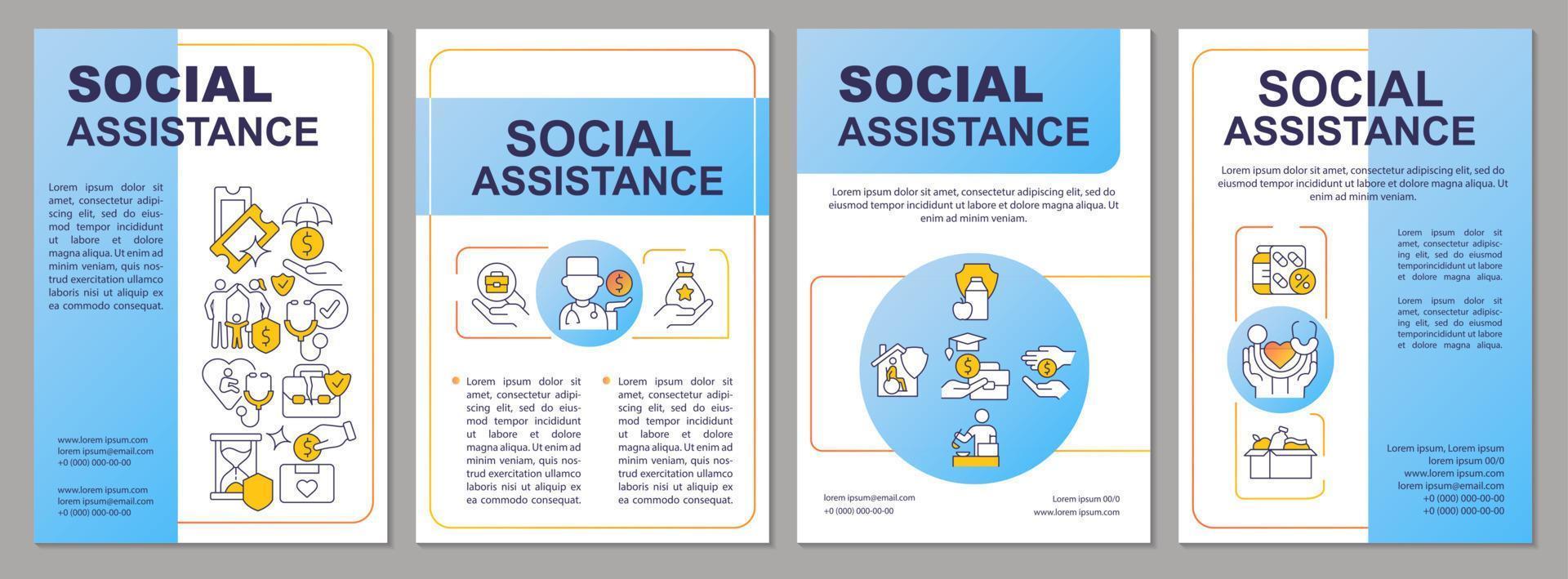 Social assistance blue brochure template. Services and programs. Leaflet design with linear icons. 4 vector layouts for presentation, annual reports.