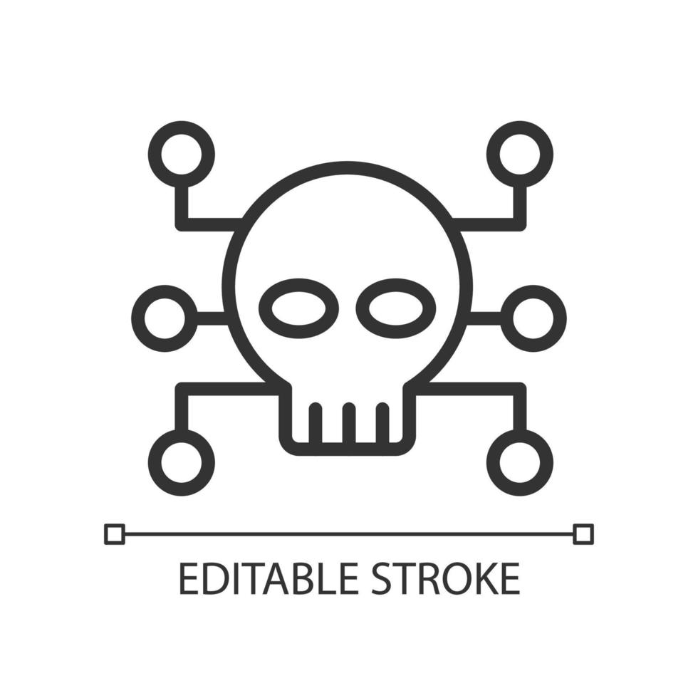 Cybercrime pixel perfect linear icon. Criminal and illegal activity. Malicious computer network attack. Thin line illustration. Contour symbol. Vector outline drawing. Editable stroke.