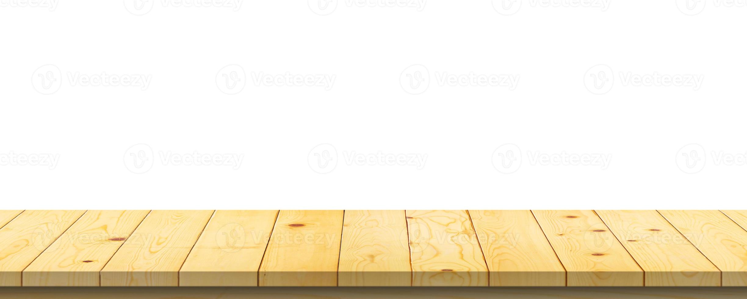 Empty wooden table top isolated on white background for product display montage photo