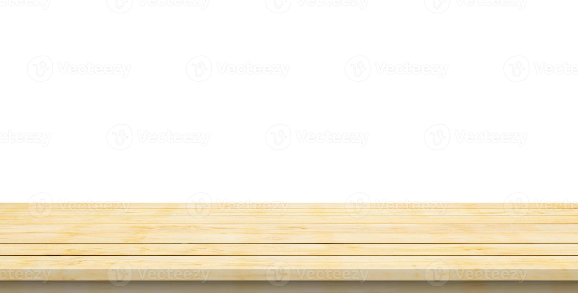 Empty wooden table top isolated on white background for product display montage photo