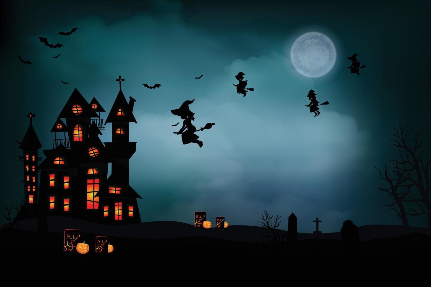 escenas de halloween con la silueta de un castillo, una luna brillante y una ilustración de árboles muertos. vector