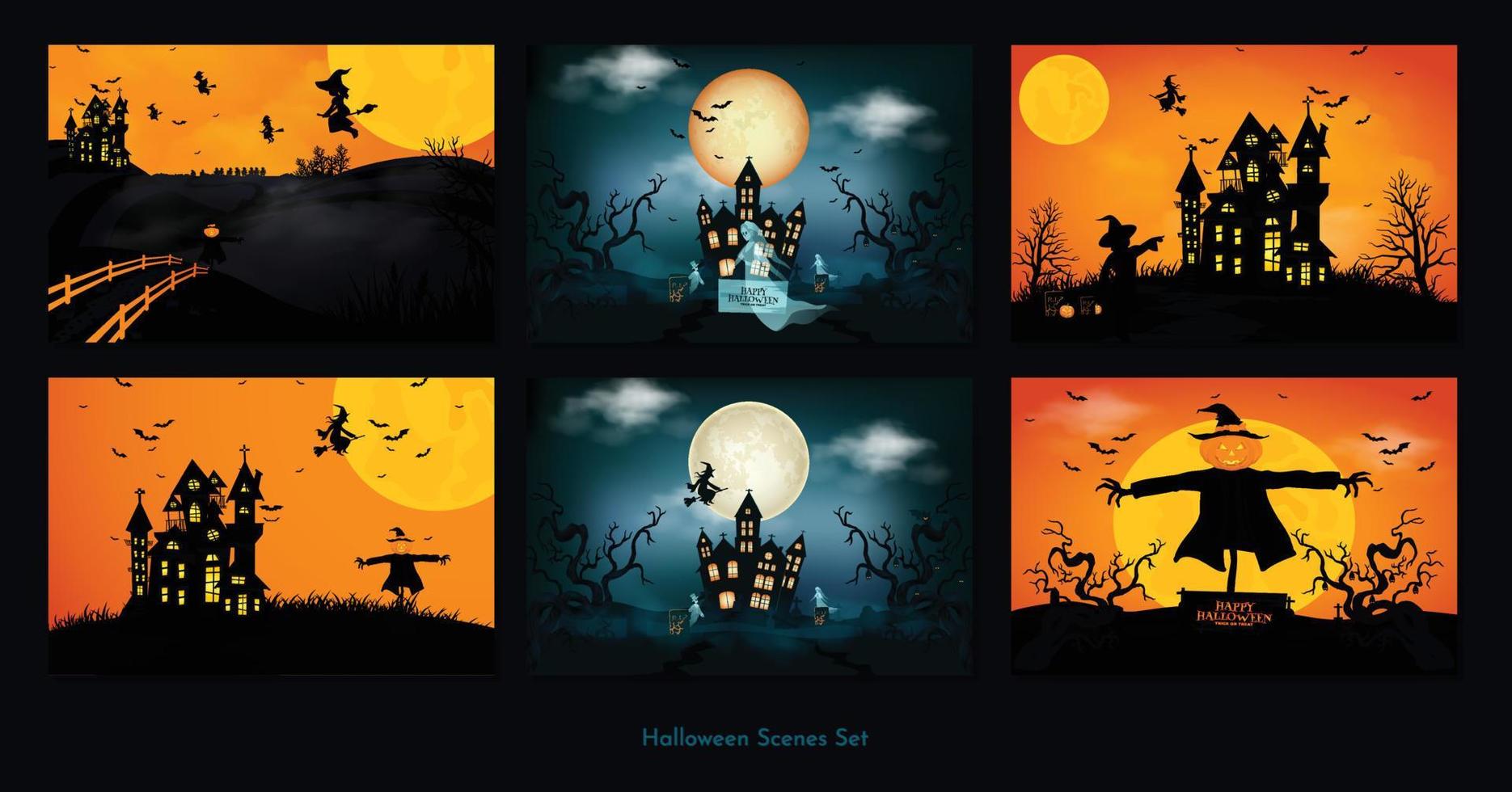 escenas de halloween con la silueta de un castillo, una luna brillante y una ilustración de árboles muertos. vector
