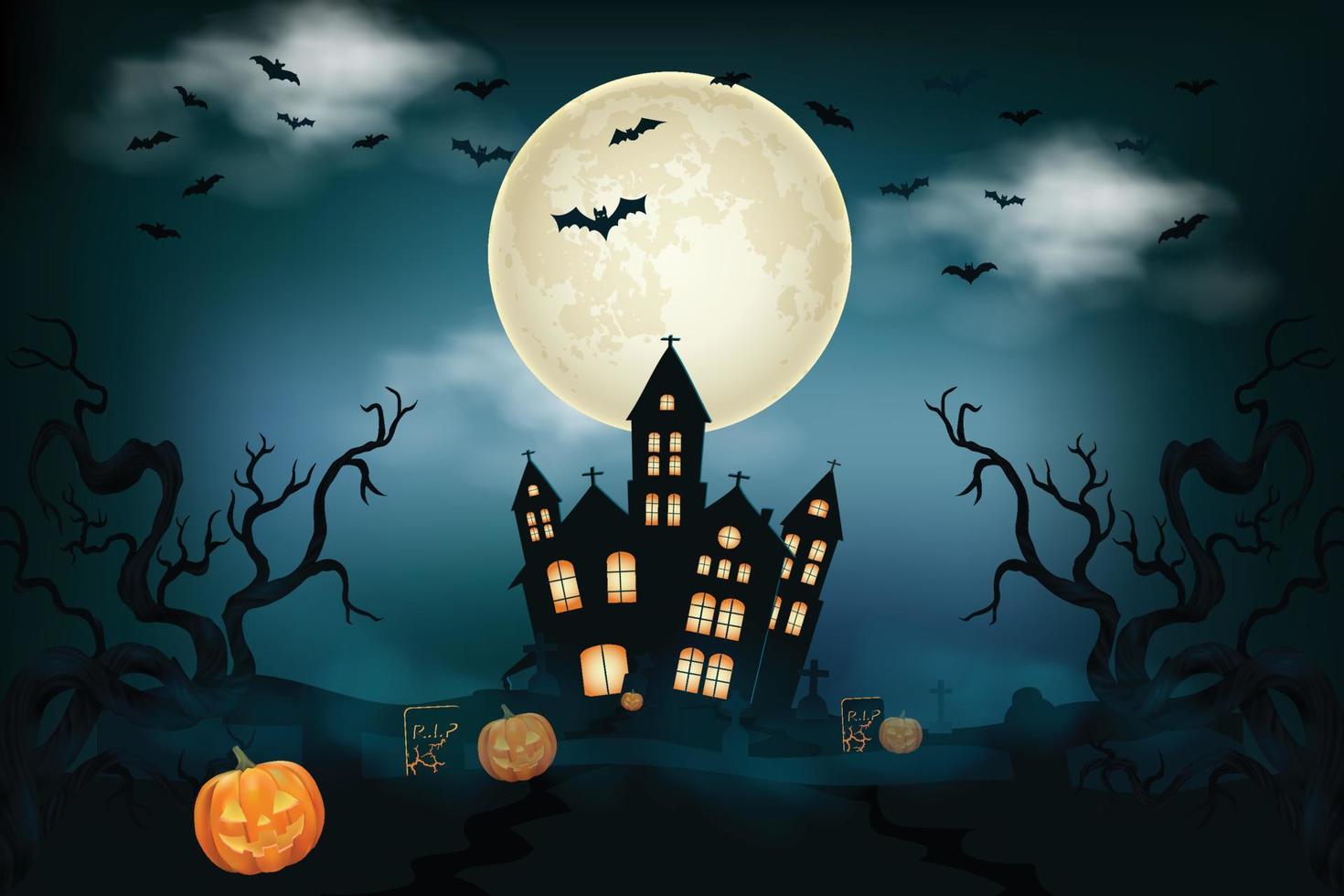 escenas de halloween con la silueta de un castillo, una luna brillante y una ilustración de árboles muertos. vector