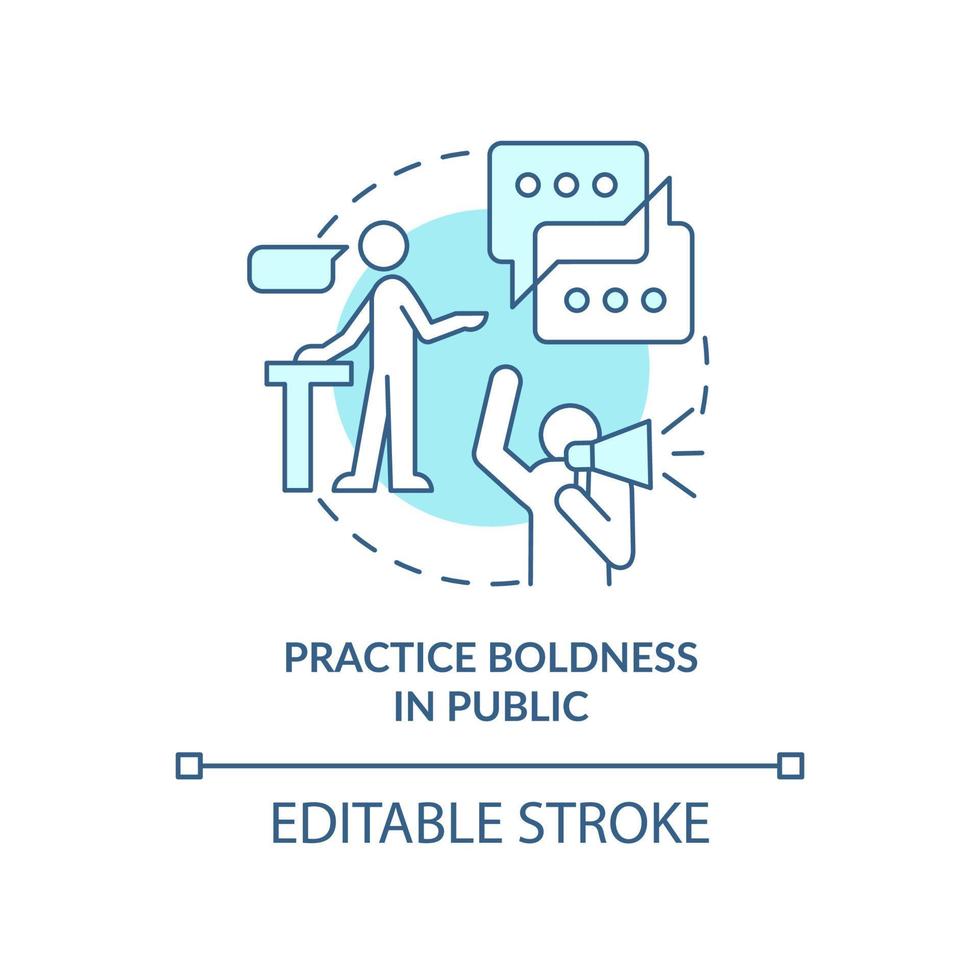 Practice boldness in public turquoise concept icon. Boost mental health and wellbeing abstract idea thin line illustration. Isolated outline drawing. Editable stroke vector