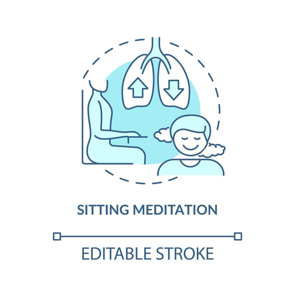 Sitting meditation turquoise concept icon. Mindfulness exercise abstract idea thin line illustration. Relaxed posture. Isolated outline drawing. Editable stroke vector