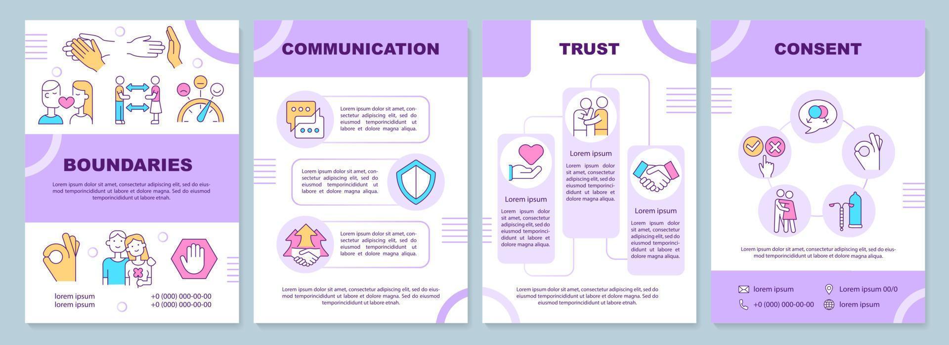 plantilla de folleto púrpura de relaciones saludables positivas. confianza, consentimiento. diseño de folletos con iconos lineales. 4 diseños vectoriales para presentación, informes anuales vector