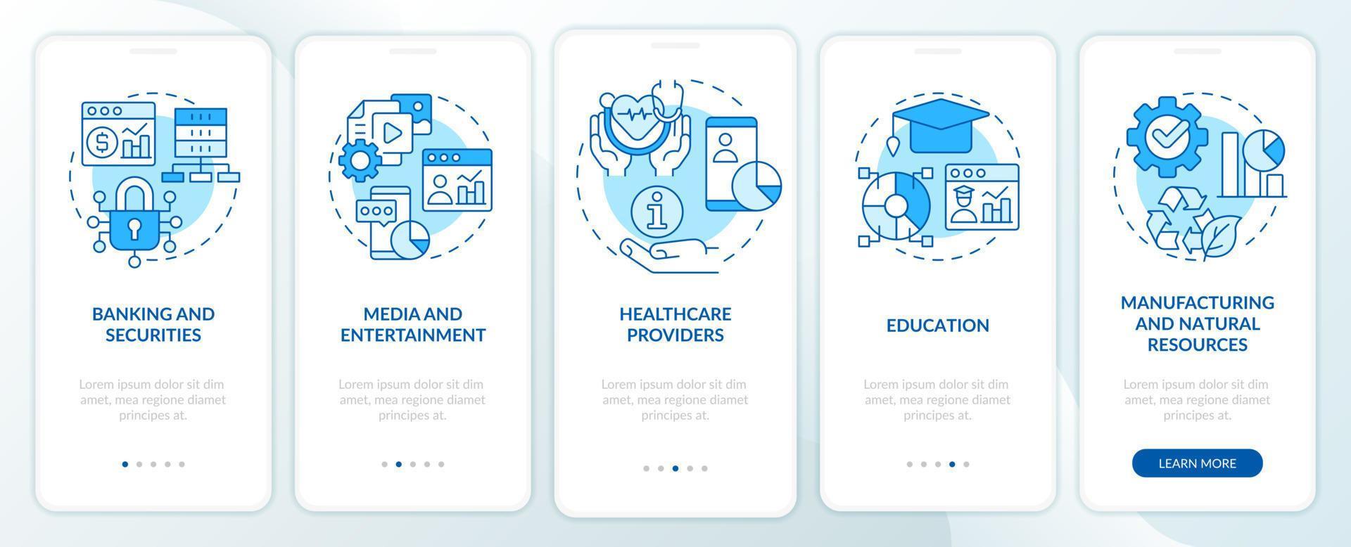 Types of big data applications blue onboarding mobile app screen. Service walkthrough 5 steps graphic instructions pages with linear concepts. UI, UX, GUI template. vector