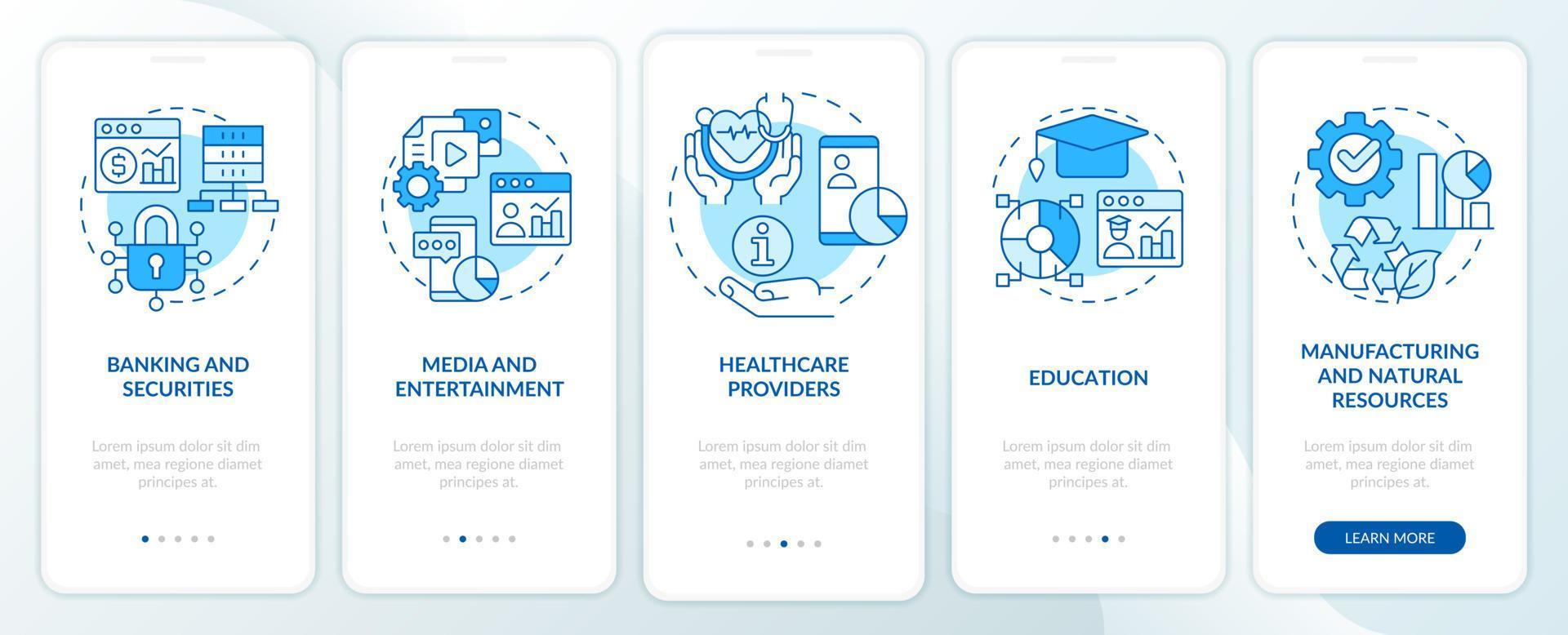 tipos de aplicaciones de big data pantalla de aplicación móvil de incorporación azul. tutorial de servicio páginas de instrucciones gráficas de 5 pasos con conceptos lineales. interfaz de usuario, ux, plantilla de interfaz gráfica de usuario. vector