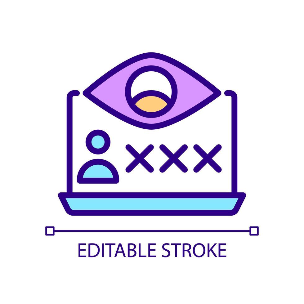 Spyware pixel perfect RGB color icon. Spying software. Monitors online behavior. Stealing data. Isolated vector illustration. Simple filled line drawing. Editable stroke.