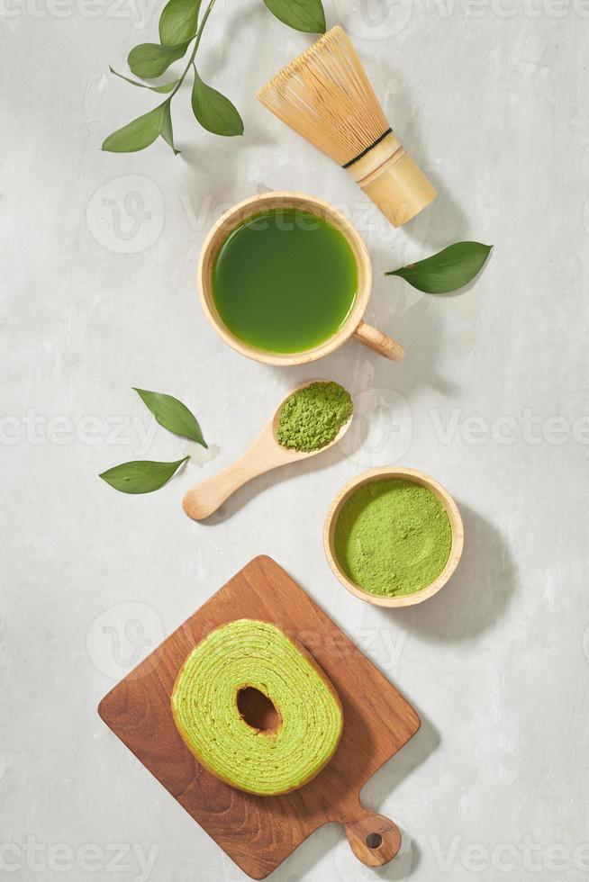 Green matcha Baumkuchen Japanese roll cakes with matcha, selective focus photo