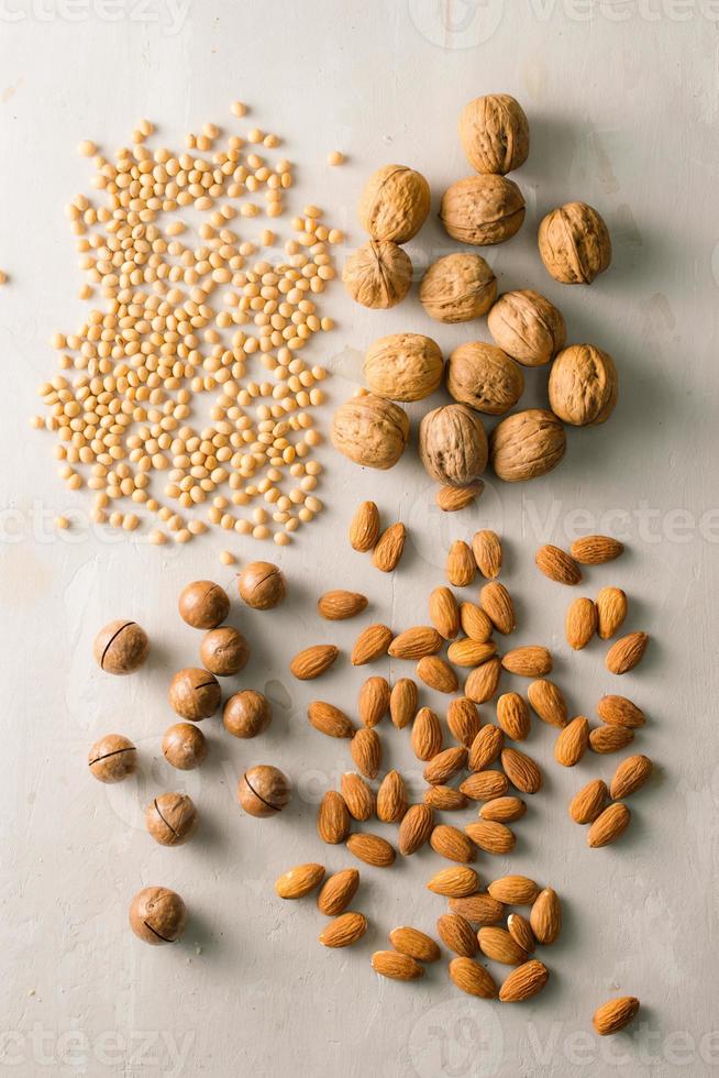 Mix of nuts Macadamia, almond, soy, walnut. Top view. photo