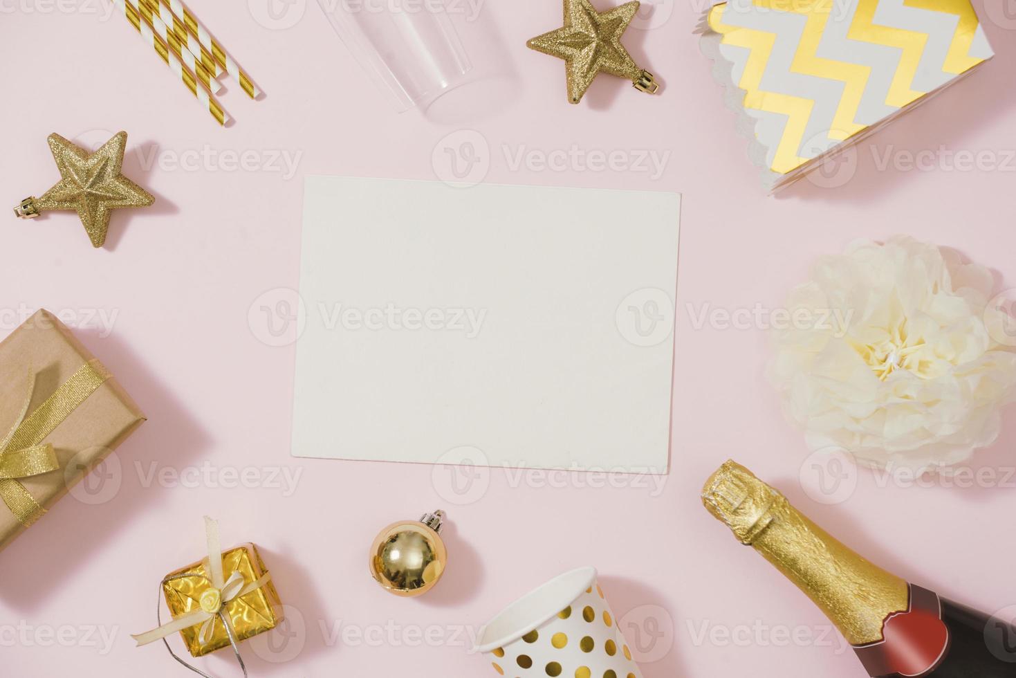 Birthday party background in Gold color. Flat lay, top view photo