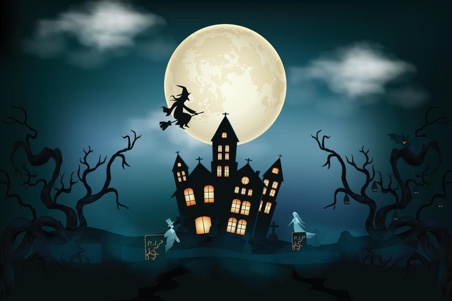 escenas de halloween con la silueta de un castillo, una luna brillante y una ilustración de árboles muertos. vector