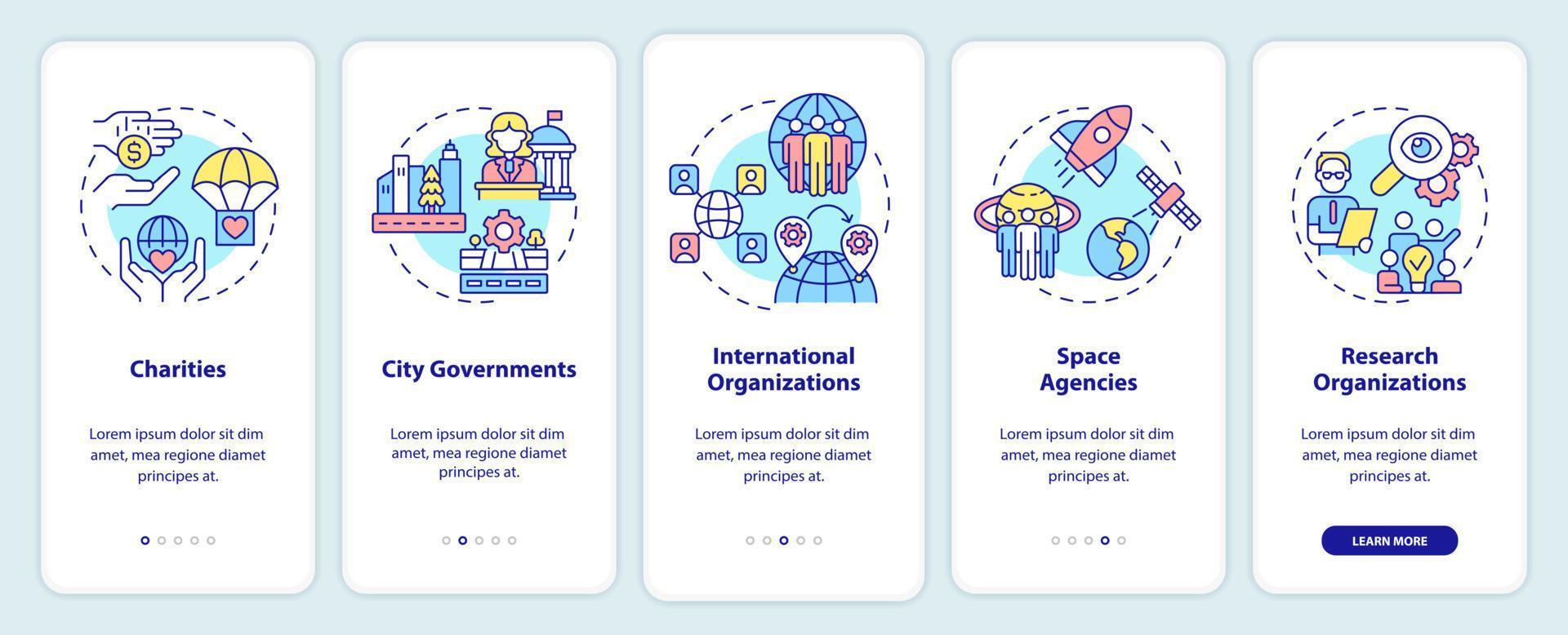 Institutions examples onboarding mobile app screen. Organizations walkthrough 5 steps graphic instructions pages with linear concepts. UI, UX, GUI template. vector