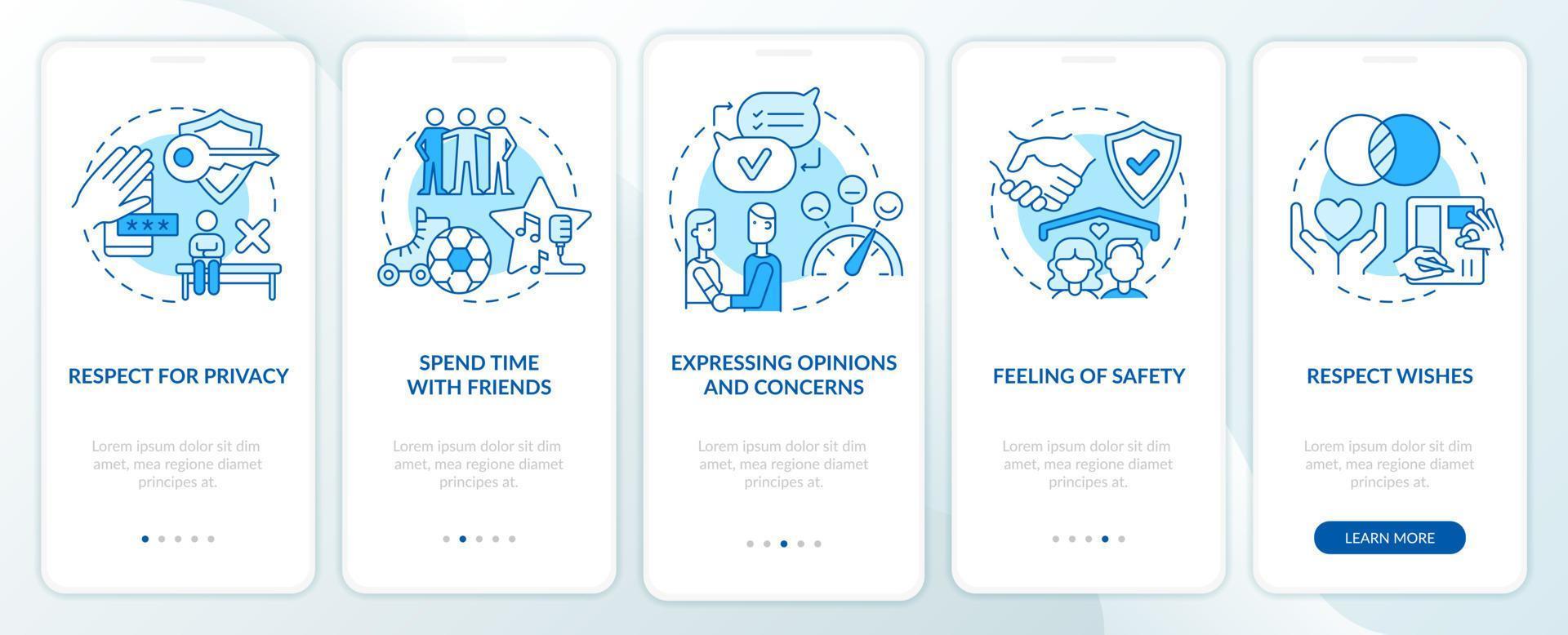 Building healthy relationships blue onboarding mobile app screen. Respect walkthrough 5 steps graphic instructions pages with linear concepts. UI, UX, GUI template vector