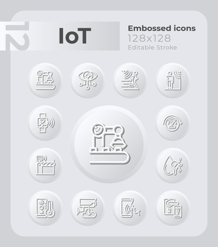 Internet of things embossed icons set. Smart home systems. Neumorphism effect. Isolated vector illustrations. Minimalist button design collection. Editable stroke.