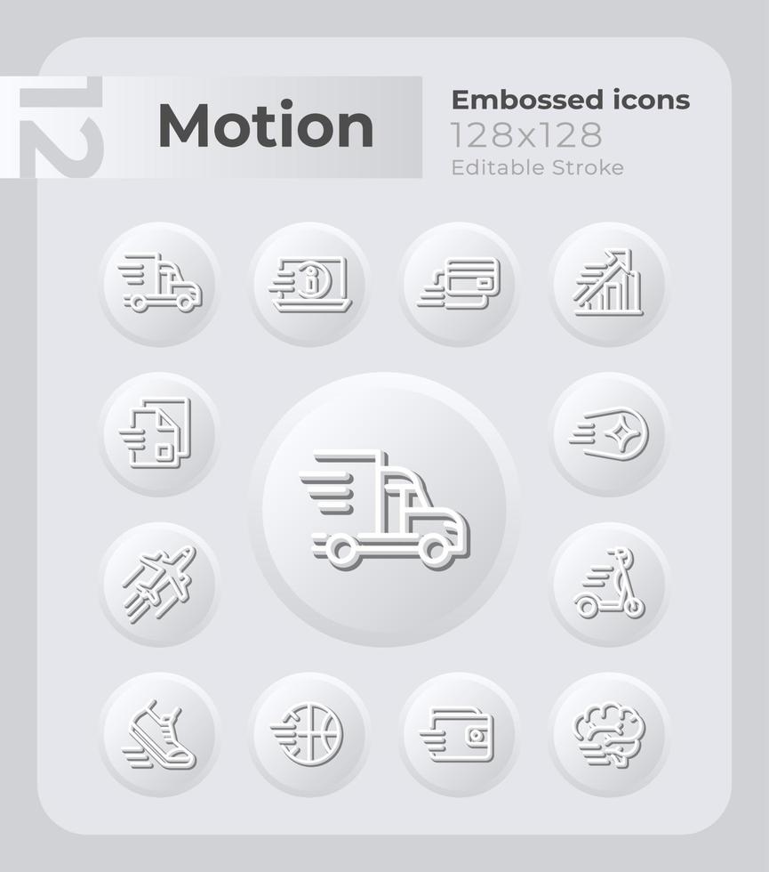 Motion embossed icons set. Moving objects. Constant changes. Neumorphism  effect. Isolated vector illustrations. Minimalist button design collection.  Editable stroke. 12726198 Vector Art at Vecteezy