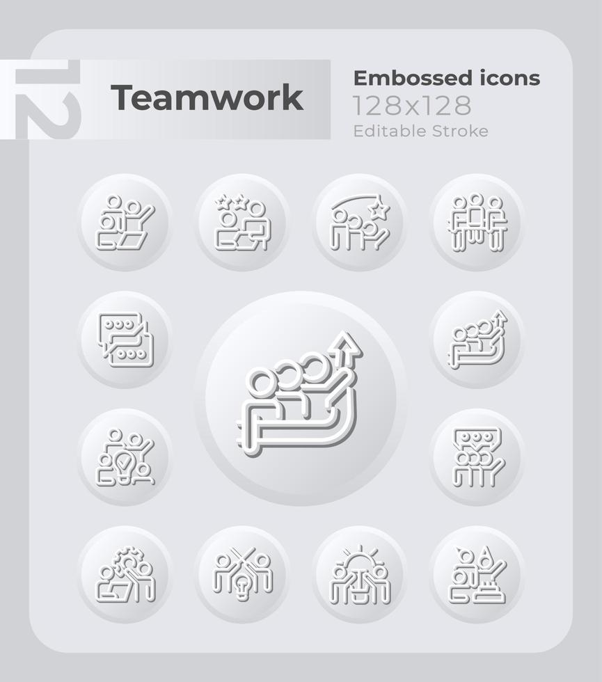 Building successful team embossed icons set. Cooperation. Neumorphism effect. Isolated vector illustrations. Minimalist button design collection. Editable stroke.