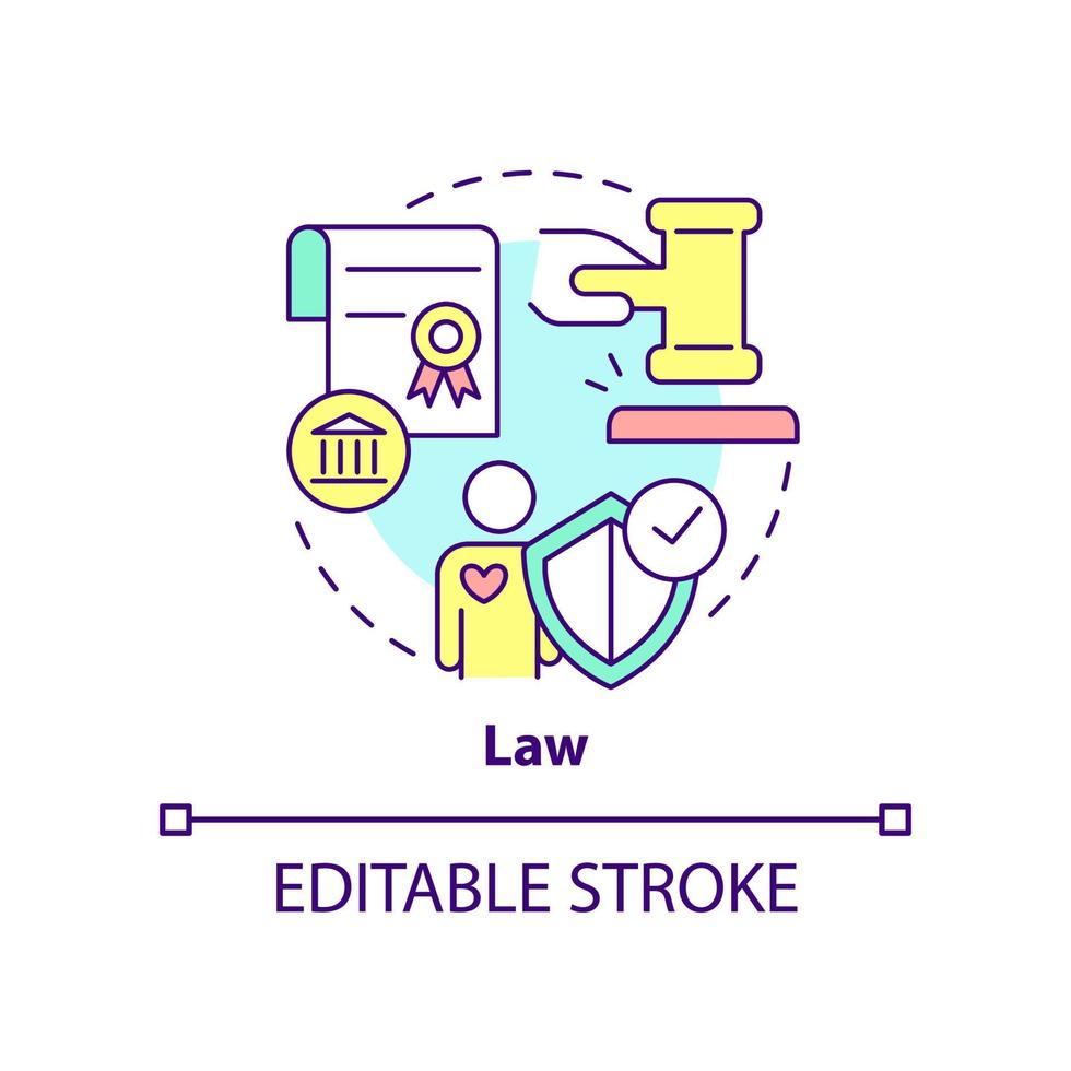 Law concept icon. System of rules in community. Legislation. Social institution abstract idea thin line illustration. Isolated outline drawing. Editable stroke. vector