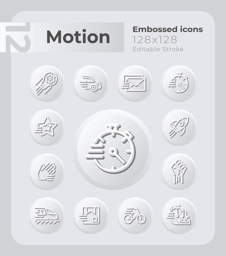 Movement and speed embossed icons set. Mechanical power. Neumorphism effect. Isolated vector illustrations. Minimalist button design collection. Editable stroke.