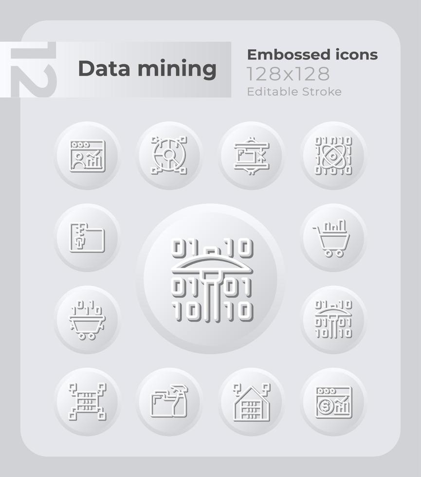 Data mining techniques embossed icons set. Analyzing dataset. Neumorphism effect. Isolated vector illustrations. Minimalist button design collection. Editable stroke.