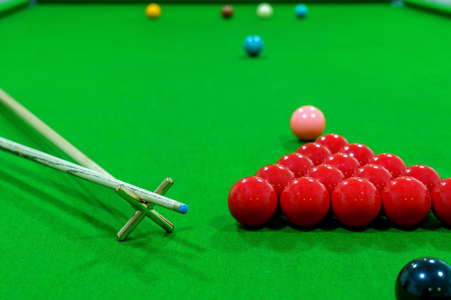 The snooker balls on the table consisted of red, black, pink, blue, green, white, brown, and yellow, with a cue placed on wood on the side. photo