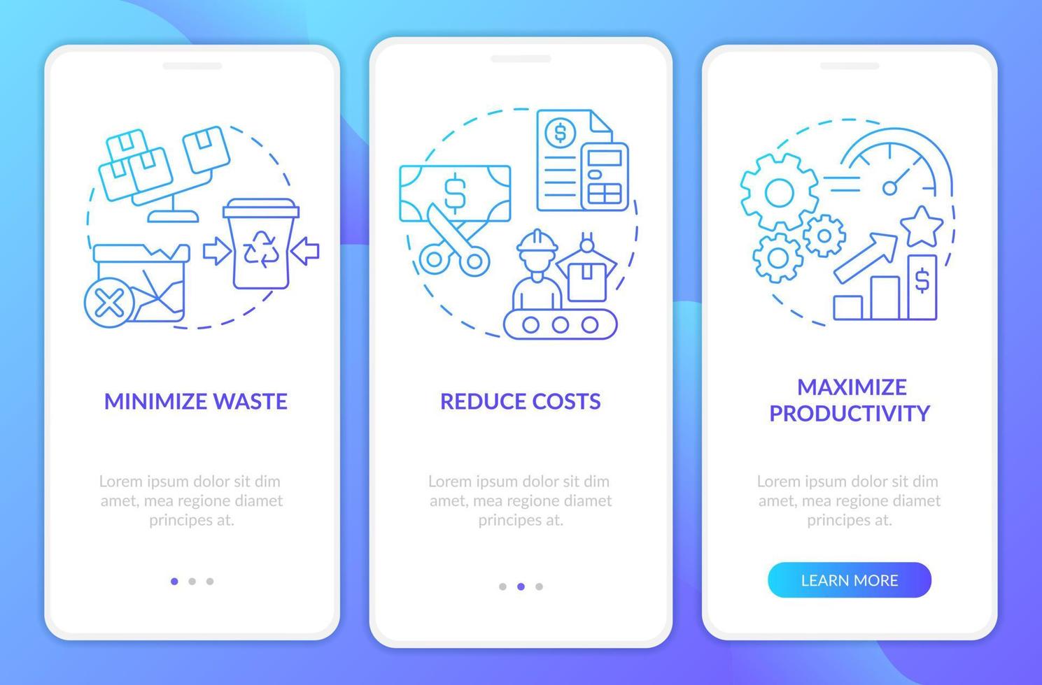 Lean manufacturing purpose blue gradient onboarding mobile app screen. Walkthrough 3 steps graphic instructions pages with linear concepts. UI, UX, GUI template. vector