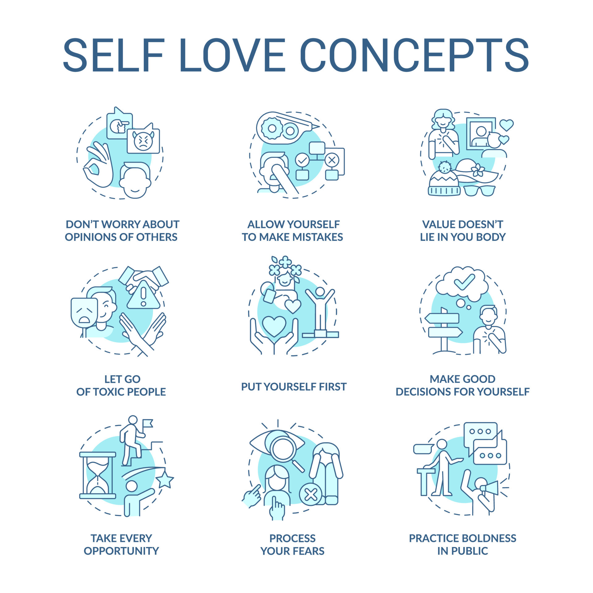 Self Love Turquoise Concept Icons Set Care About Personal Mental Self Love Turquoise Concept Icons Set Care About Personal Mental Wellness Idea Thin Line Color Illustrations Isolated Symbols Editable Stroke Vector