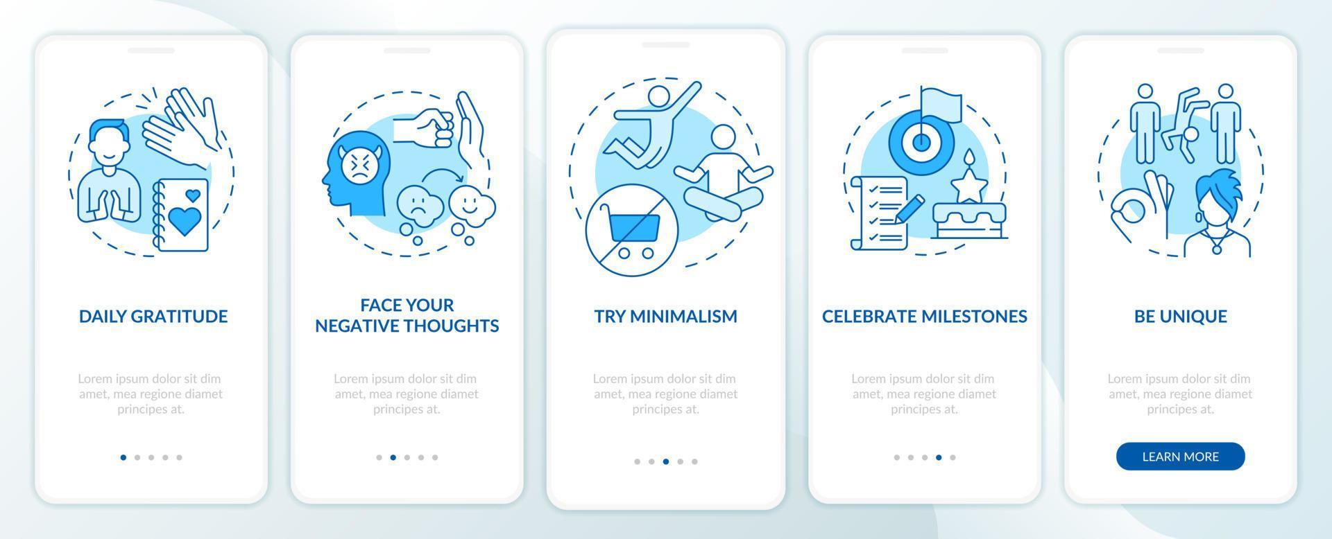 Exercises for self appreciation blue onboarding mobile app screen. Walkthrough 5 steps graphic instructions pages with linear concepts. UI, UX, GUI template vector