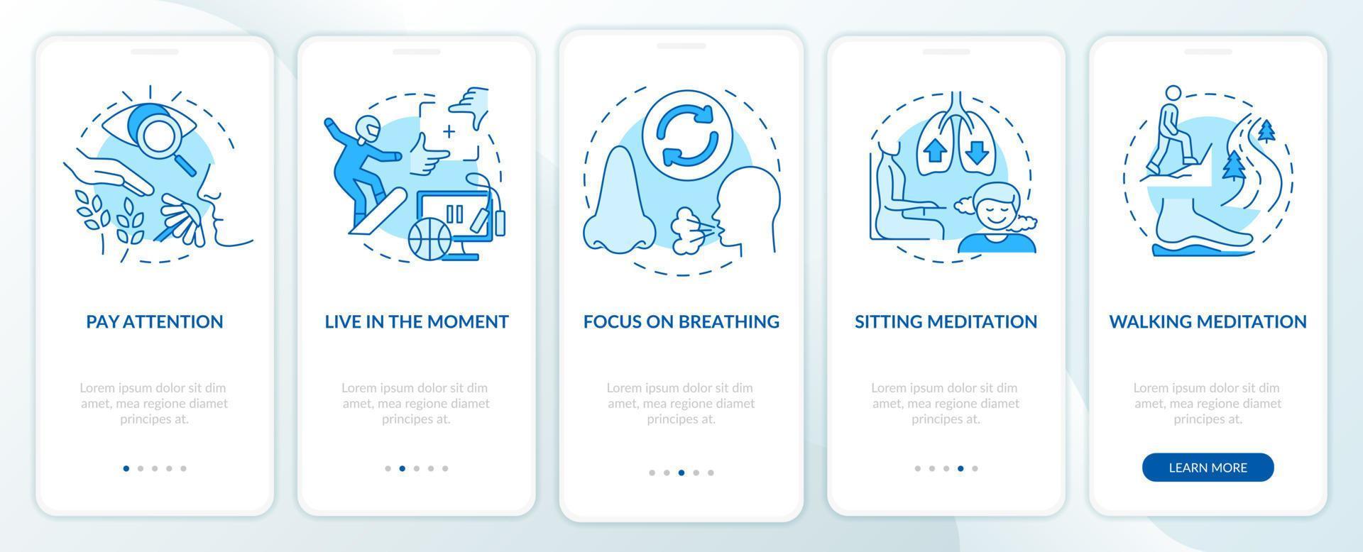 Mindfulness techniques blue onboarding mobile app screen. Pay attention walkthrough 5 steps graphic instructions pages with linear concepts. UI, UX, GUI template vector