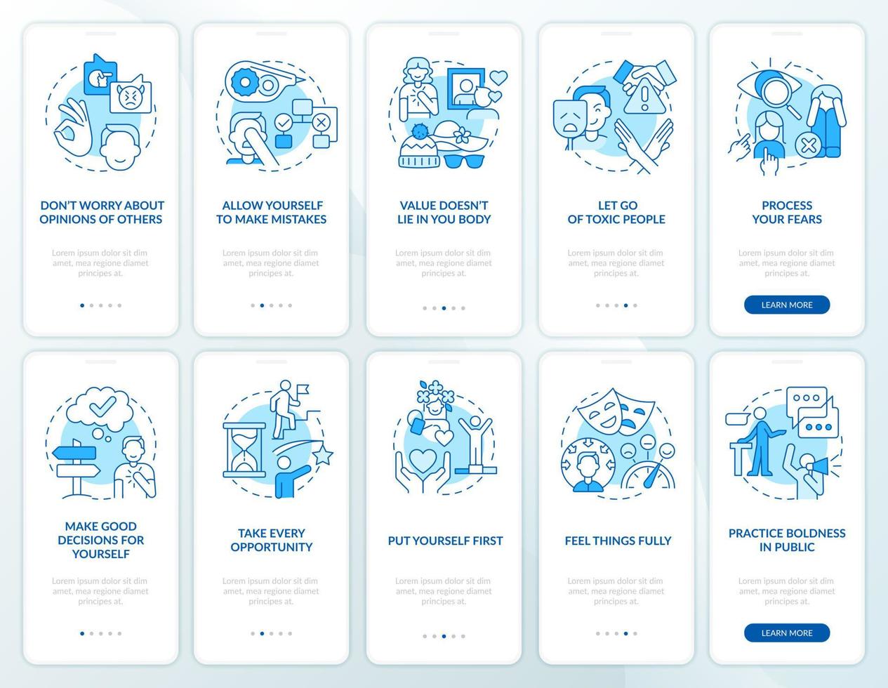 Practicing self love and care blue onboarding mobile app screen set. Walkthrough 5 steps graphic instructions pages with linear concepts. UI, UX, GUI template vector