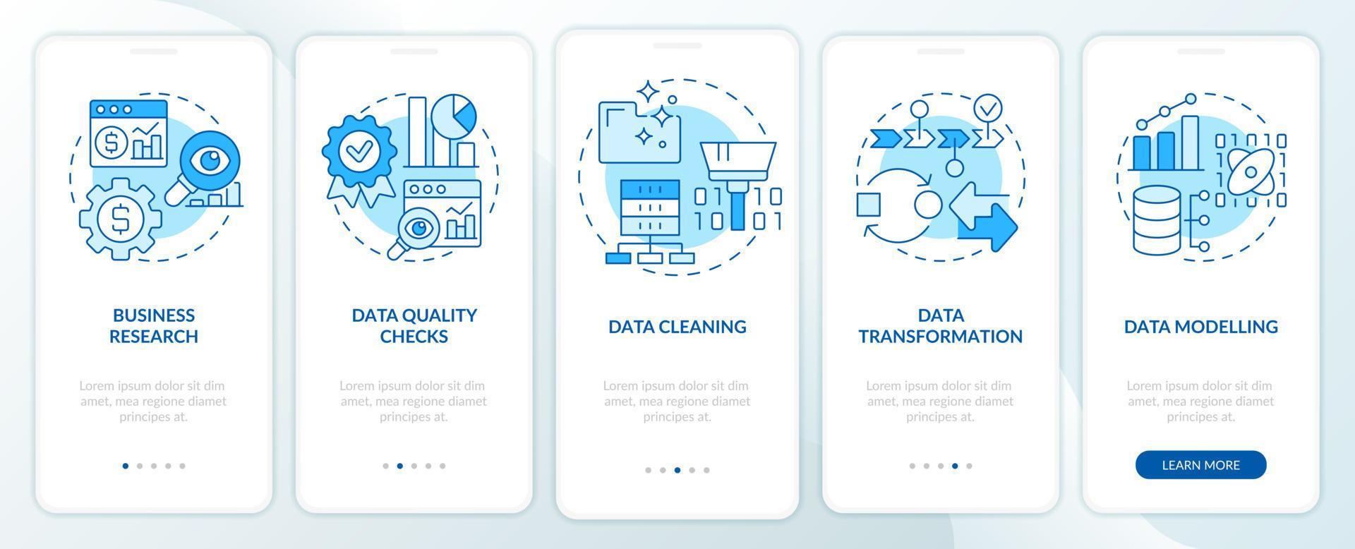 proceso de minería de datos pantalla de aplicación móvil de incorporación azul. Tutorial de aprendizaje automático Páginas de instrucciones gráficas de 5 pasos con conceptos lineales. interfaz de usuario, ux, plantilla de interfaz gráfica de usuario. vector