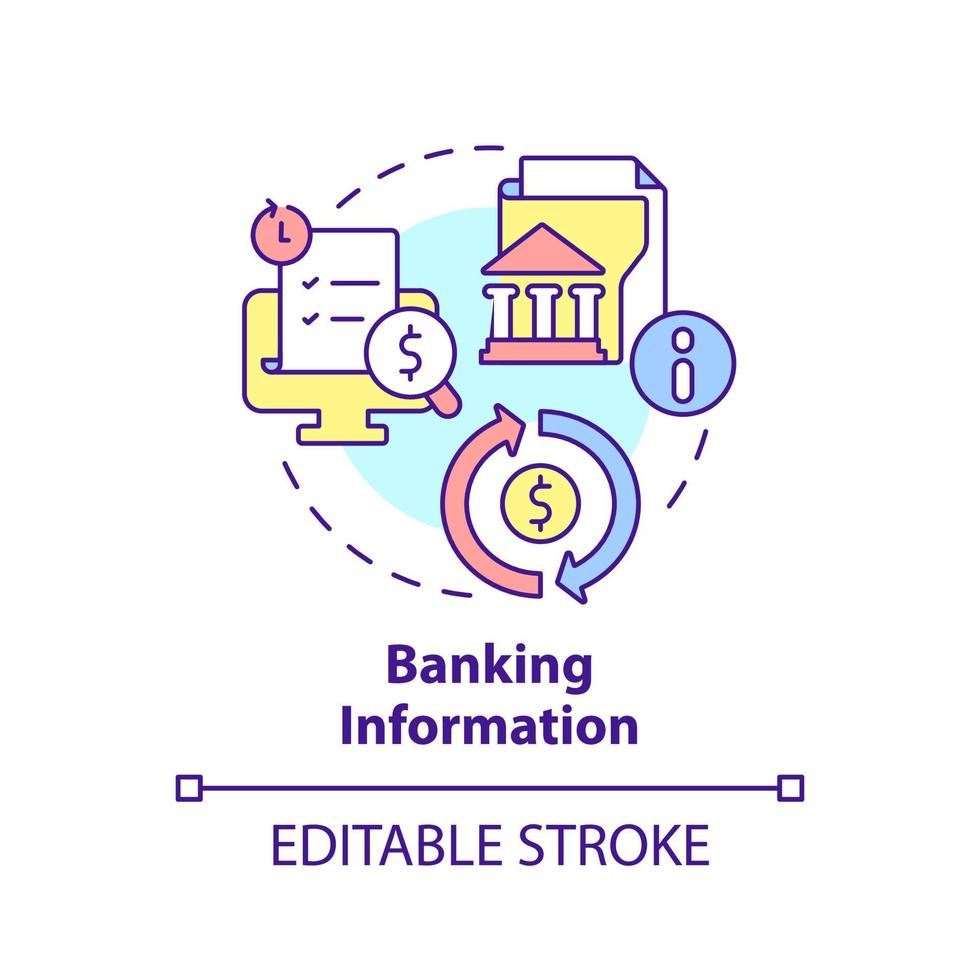 icono del concepto de información bancaria. datos personales para cuenta bancaria. aplicación idea abstracta ilustración de línea delgada. dibujo de contorno aislado. trazo editable. vector