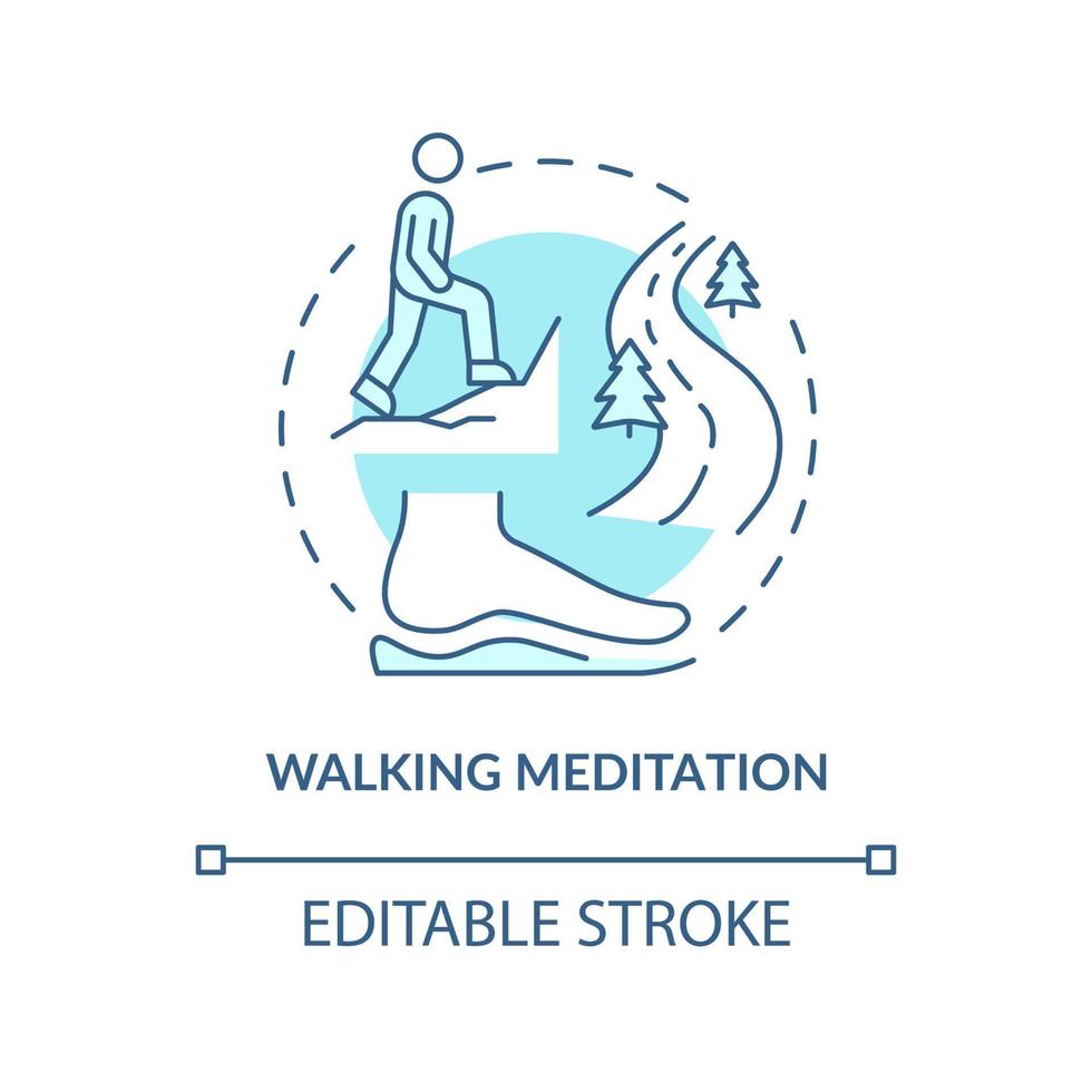 Walking meditation turquoise concept icon. Mindfulness technique abstract idea thin line illustration. Connect with nature. Isolated outline drawing. Editable stroke vector