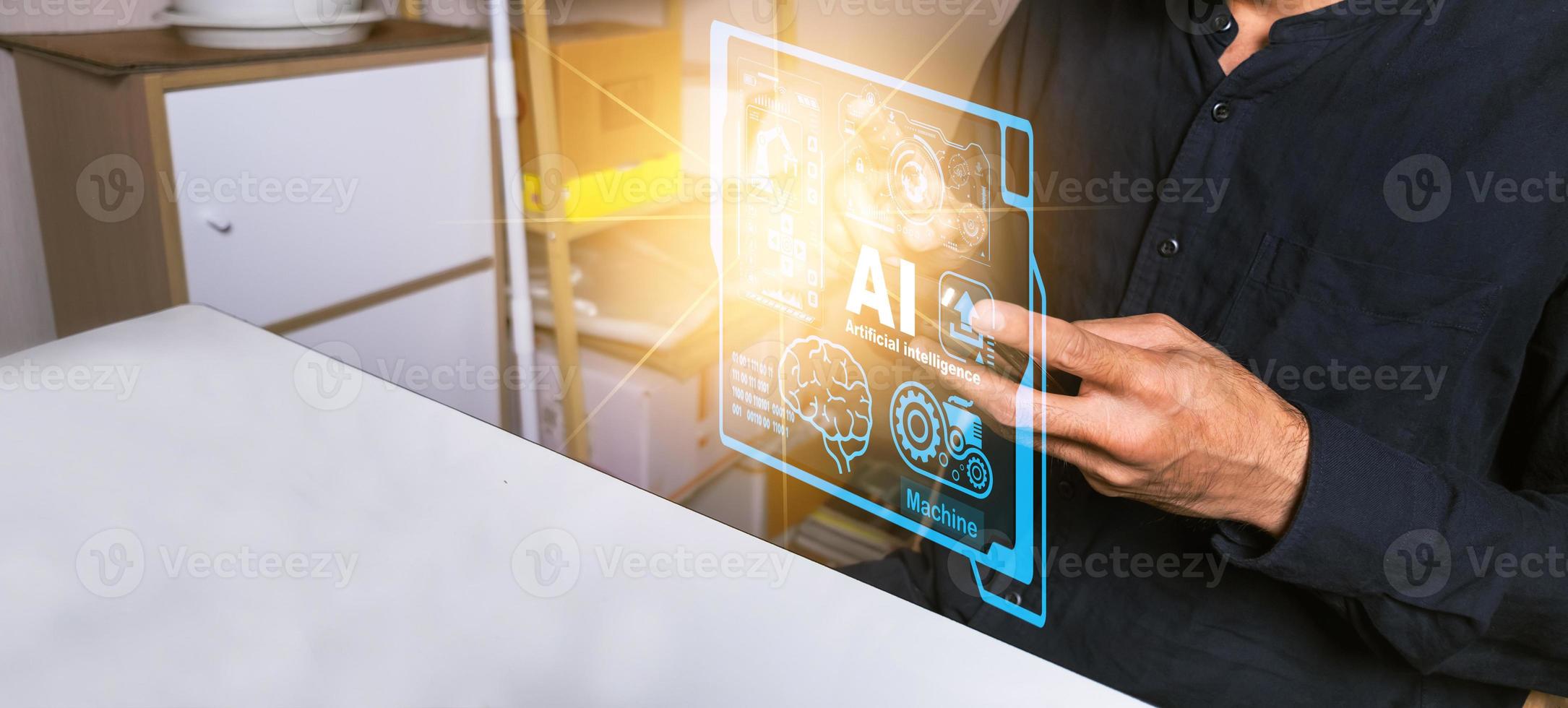 Asian man working 24hr business laptop AI UI interface Object manufacturing industry technology Product export and import future Robot cyber warehouse Arm mechanical control future data technology photo