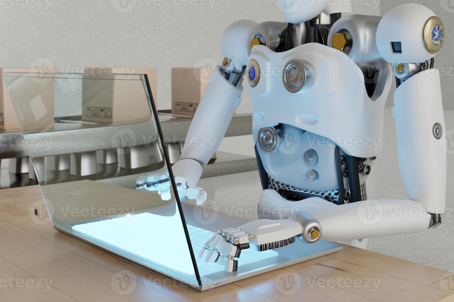 Robot working 24hr business laptop AI UI interface Object manufacturing industry technology Product export and import future Robot cyber in the warehouse Arm mechanical control future data technology photo