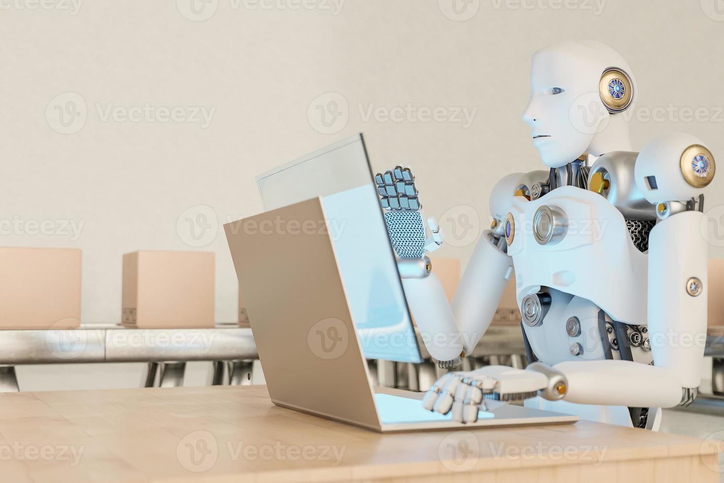 Robot working business to laptop AI UI interface Object manufacturing industry technology Product export and import of future Robot cyber in the warehouse Arm mechanical control future data technology photo