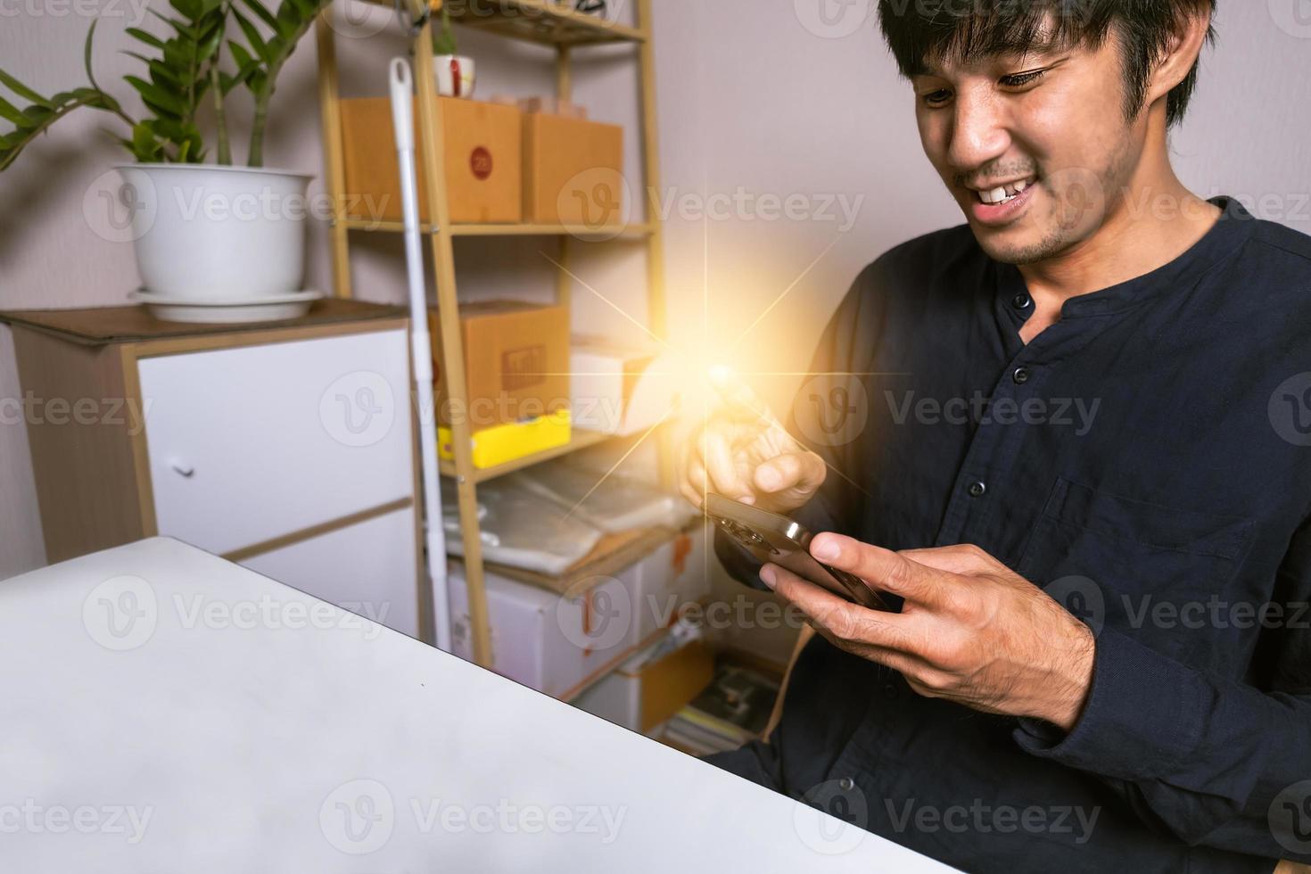 Asian man working 24hr business laptop AI UI interface Object manufacturing industry technology Product export and import future Robot cyber warehouse Arm mechanical control future data technology photo