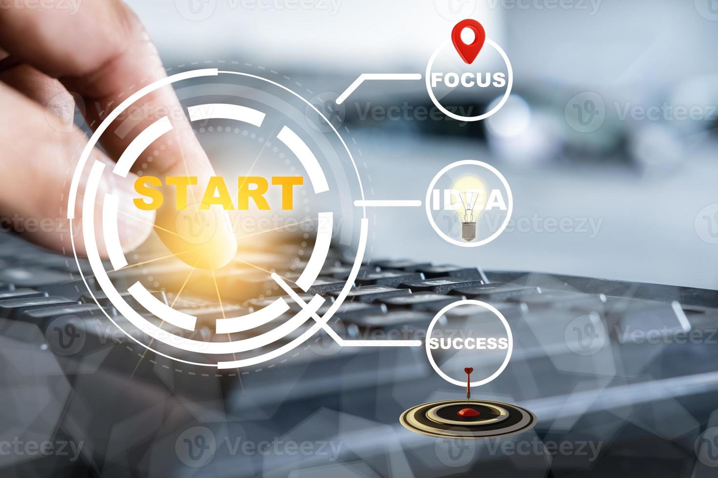 Darts target. Success Business Concept. Target hit in center by arrows, future technology Success Business Concept Target hit in center by arrow Darts target. Success Business Concept photo