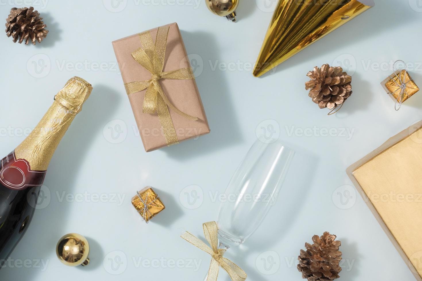 Birthday party background in Gold color. Flat lay, top view photo