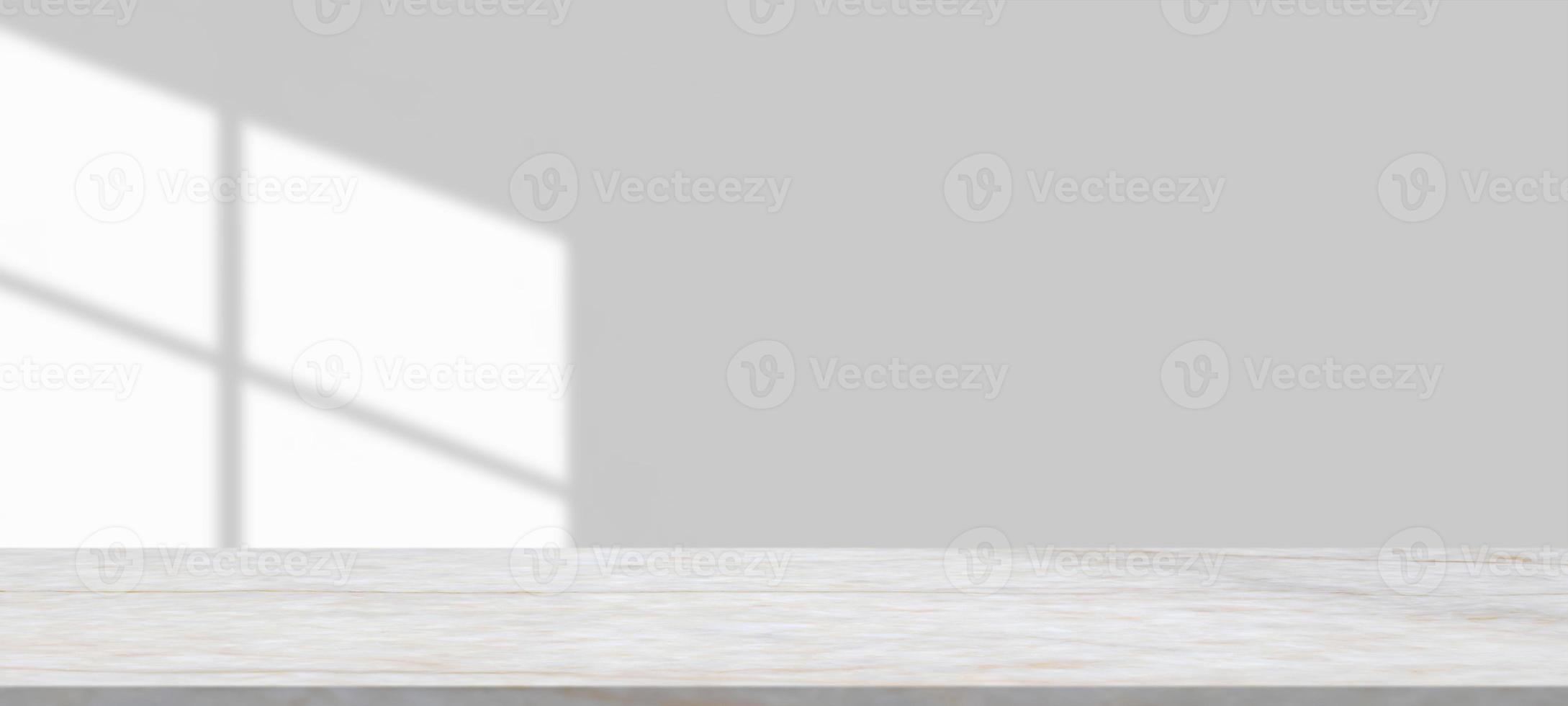 Marble table with window shadow drop on white wall background for mockup product display photo