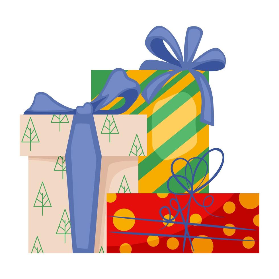 cajas navideñas con regalos. conjunto de regalos de navidad. cajas de regalo aisladas sobre fondo blanco. ilustración vectorial de stock en estilo de dibujos animados. vector