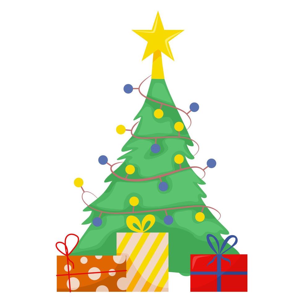 Christmas tree with gifts and lights isolated on white background. Symbol of new year and christmas. Stock vector illustration in cartoon style.